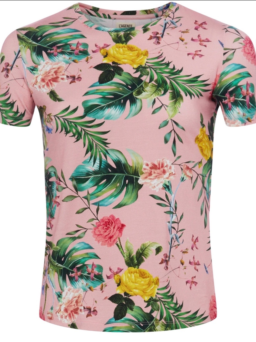 NWT L'Agence short sleeve Ressi Tee Blouse Sz M Floral SOFT Pink Multi Tropical